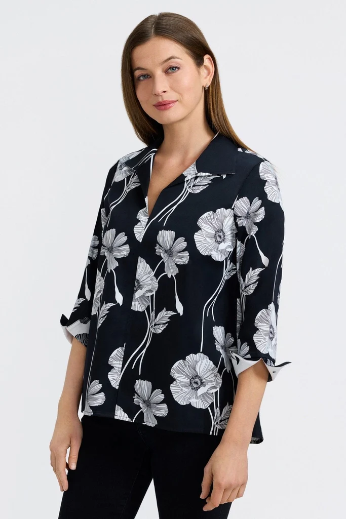 Agnes Black Poppy 3/4 Sleeve Popover Shirt - Image 5