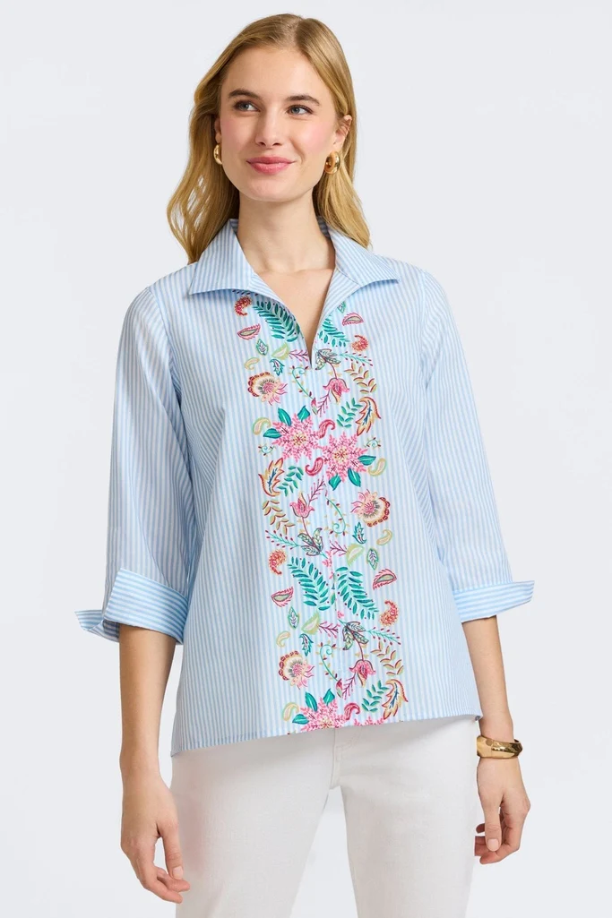 Agnes Striped Floral 3/4 Sleeve Popover Shirt - Image 4