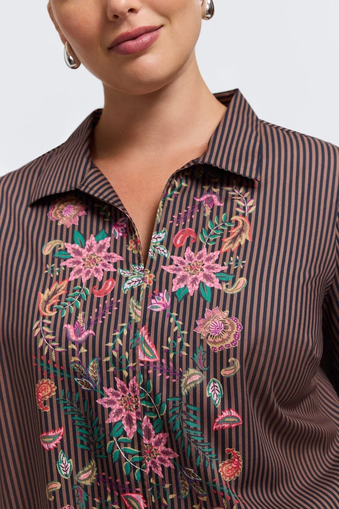 Agnes Plus Brown Stripe Floral Long Sleeve Popover Shirt - Image 2