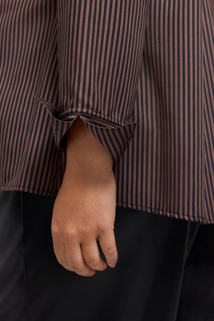Agnes Plus Brown Stripe Floral Long Sleeve Popover Shirt - Image 3