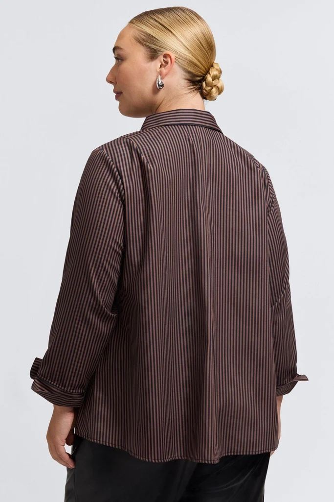 Agnes Plus Brown Stripe Floral Long Sleeve Popover Shirt - Image 4
