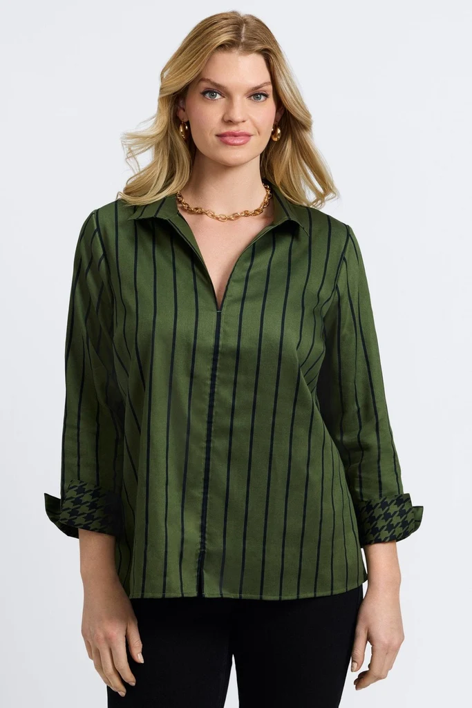 Agnes Plus Stripe & Houndstooth Long Sleeve Popover Shirt - Image 5