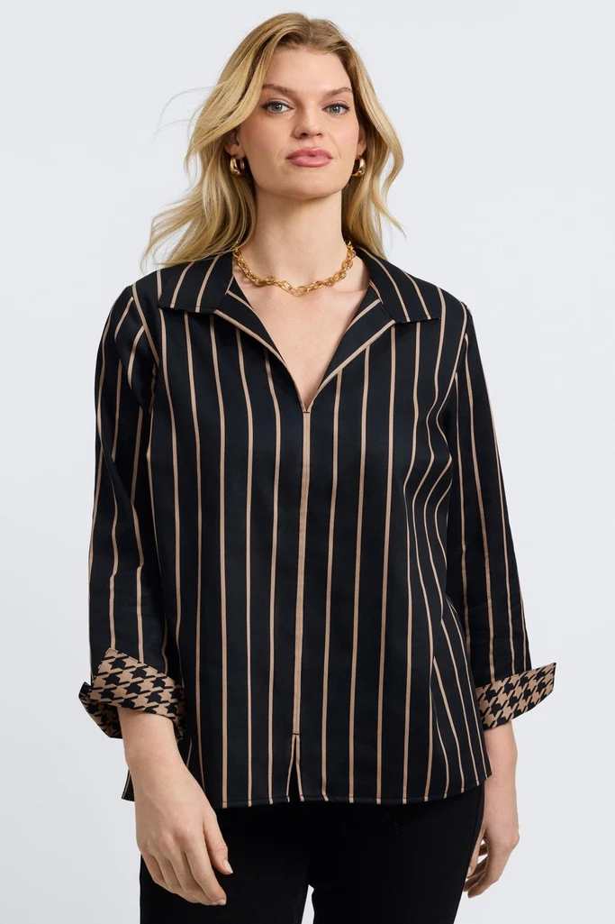 Agnes Plus Stripe & Houndstooth Long Sleeve Popover Shirt - Image 9