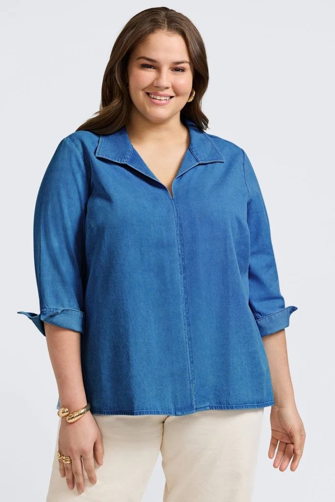 Agnes Plus Tencel® Denim 3/4 Sleeve Popover Shirt - Image 3