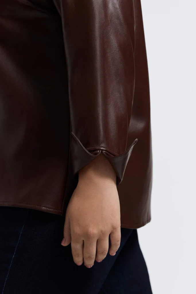 Agnes Plus Vegan Leather Long Sleeve Popover Shirt - Image 12