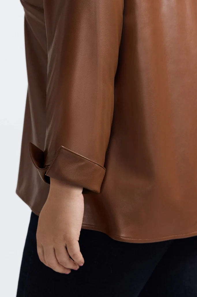 Agnes Plus Vegan Leather Long Sleeve Popover Shirt - Image 4