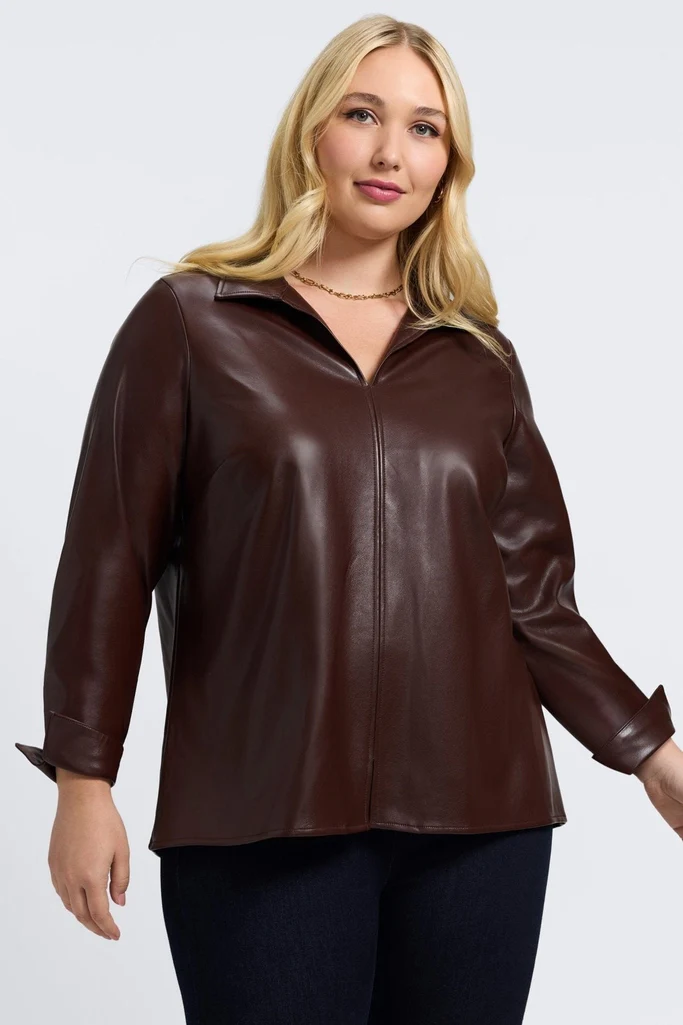Agnes Plus Vegan Leather Long Sleeve Popover Shirt - Image 9