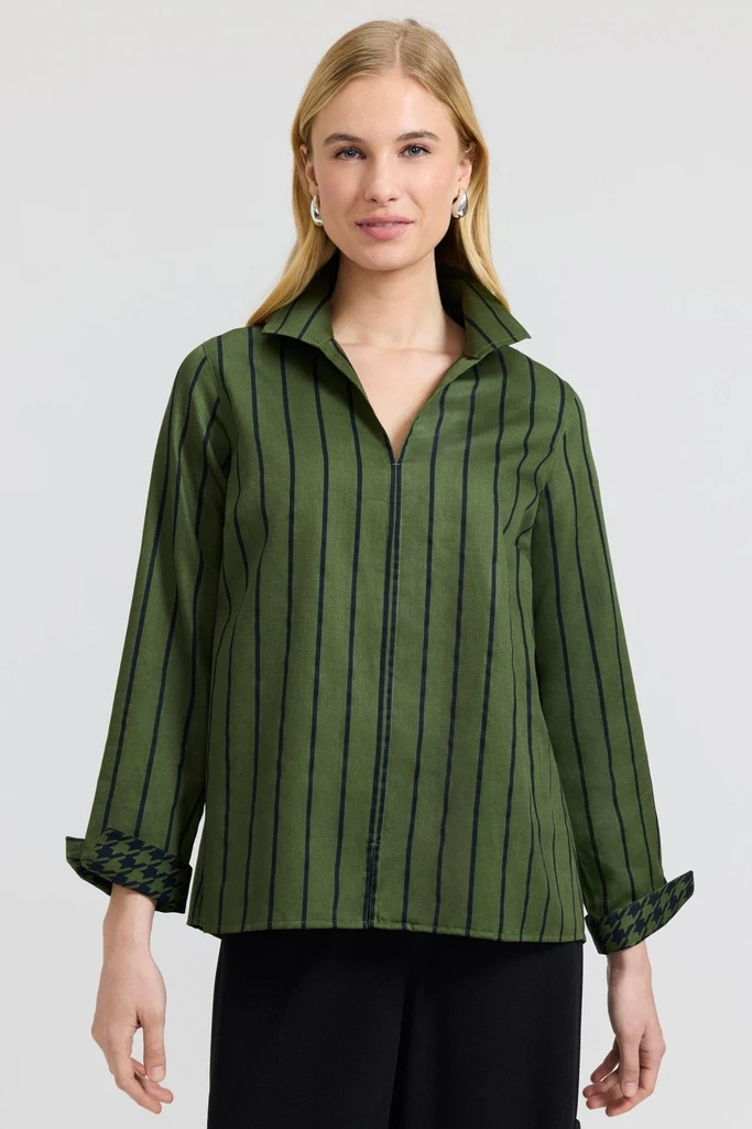 Agnes Stripe & Houndstooth Long Sleeve Popover Shirt - Image 5