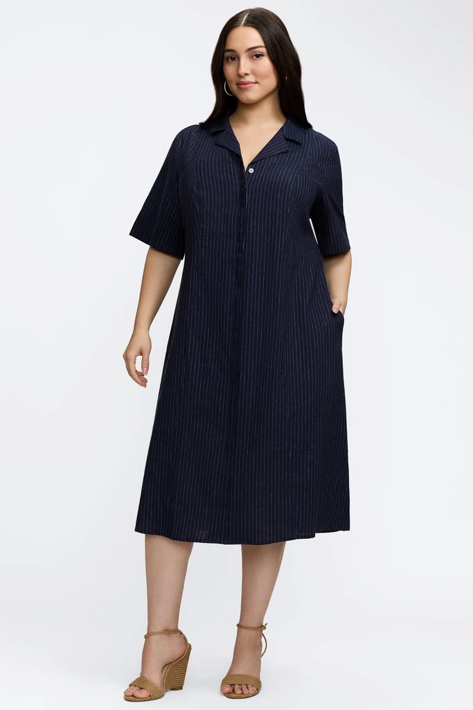 Aniston Plus Pinstripe Linen Short Sleeve Dress - Image 3