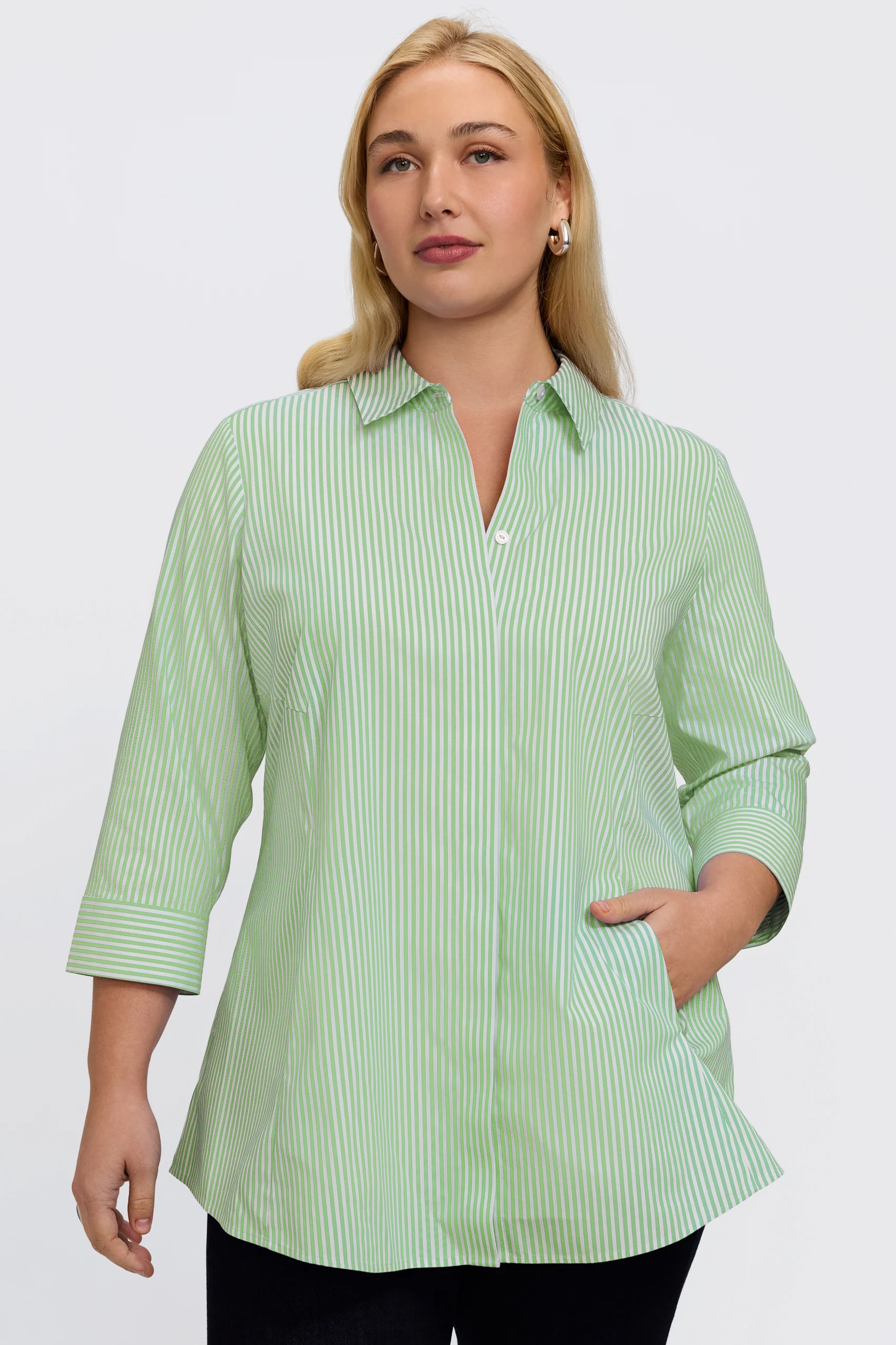 Cici Plus No Iron Pinpoint Striped 3/4 Sleeve Tunic - Image 20