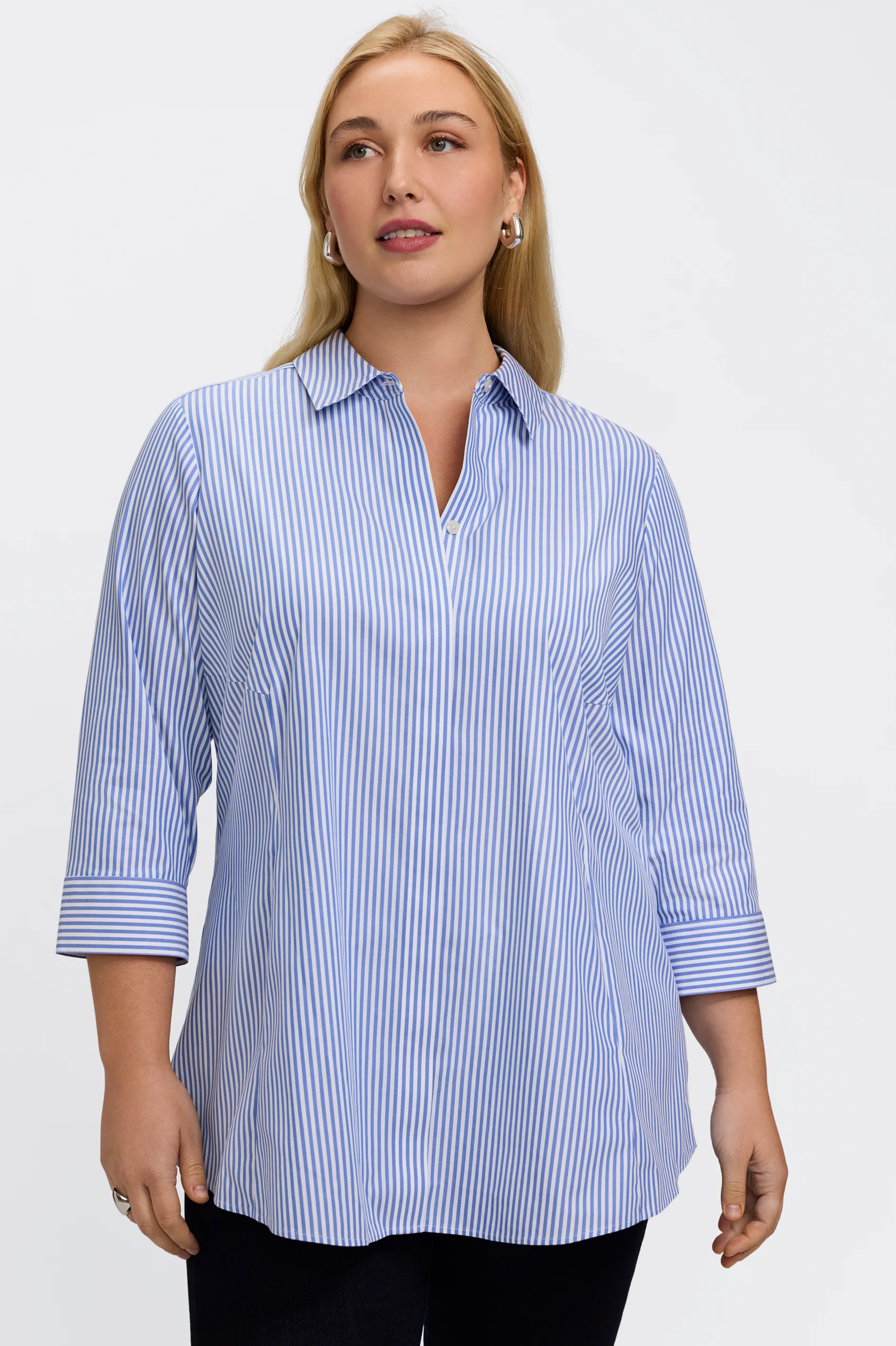 Cici Plus No Iron Pinpoint Striped 3/4 Sleeve Tunic - Image 25