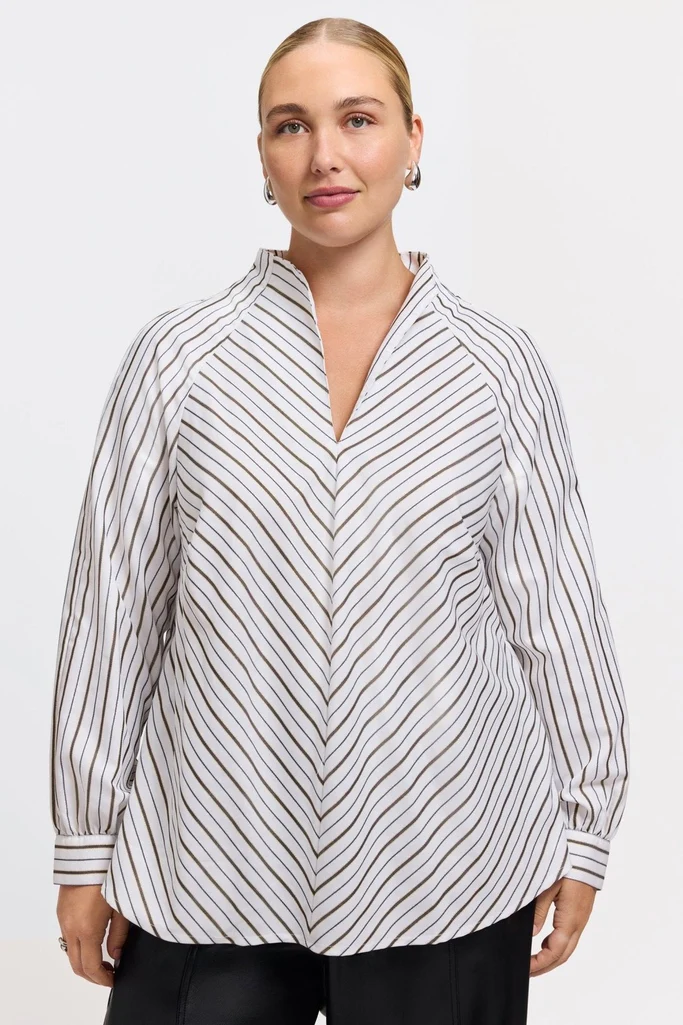Daphne Plus Metallic Stripe Long Sleeve Popover Shirt