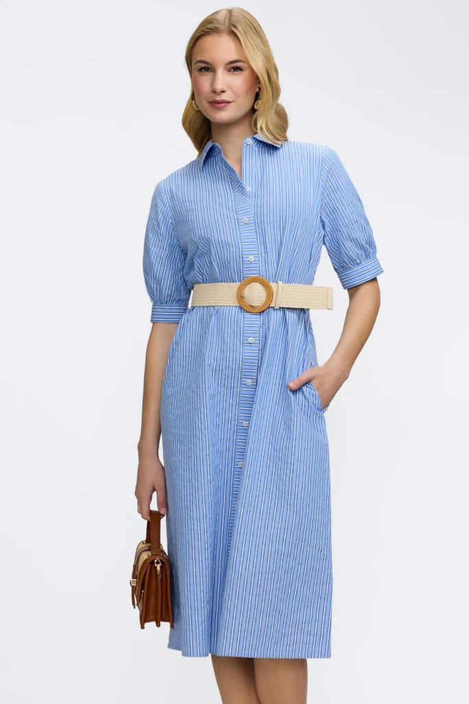 Esther Blue Seersucker Elbow Sleeve Dress - Image 5