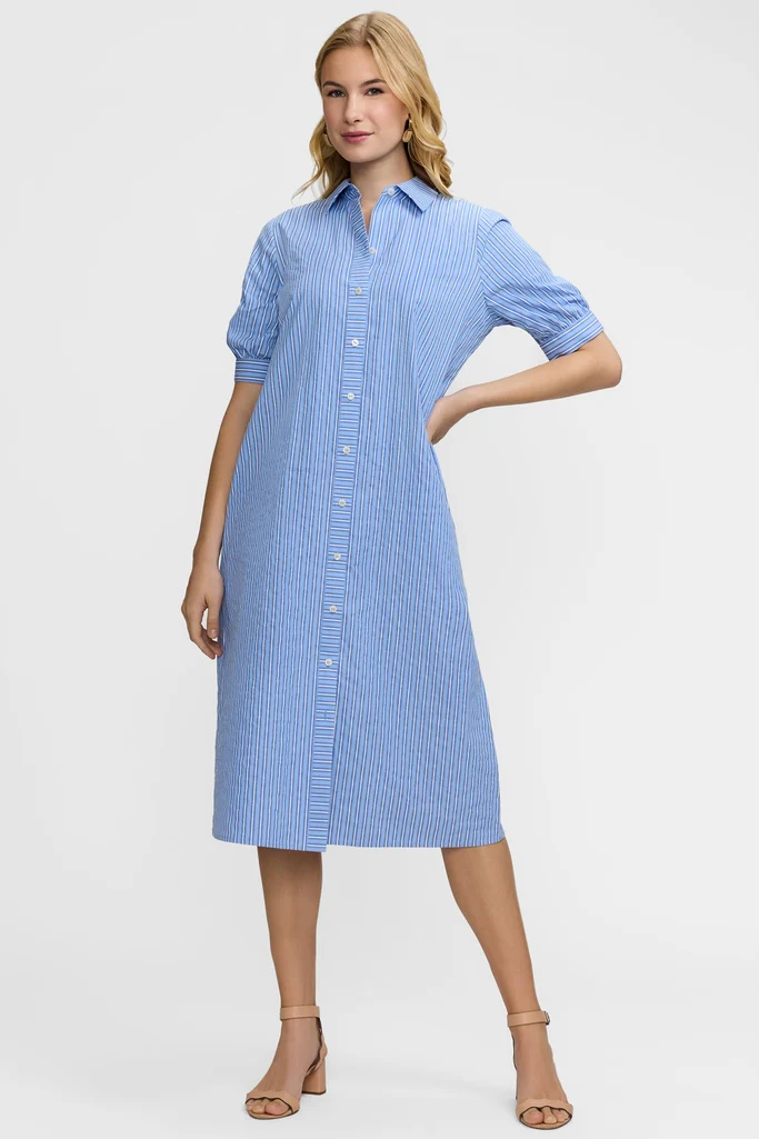 Esther Blue Seersucker Elbow Sleeve Dress - Image 4