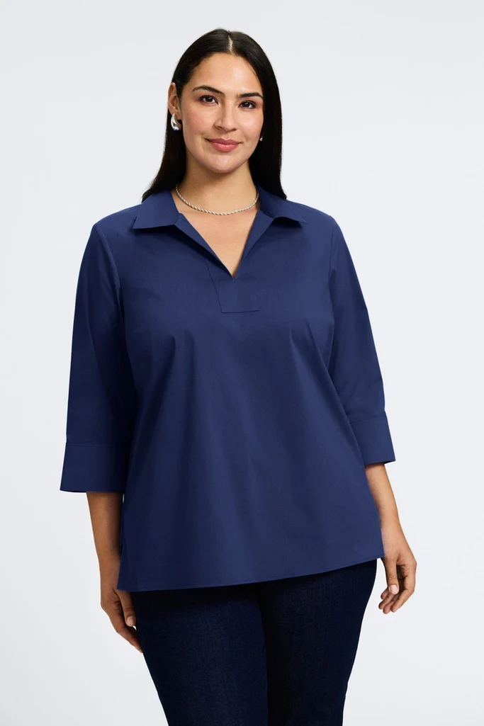 Julia Plus No Iron Stretch Cotton 3/4 Sleeve Popover Shirt - Image 3
