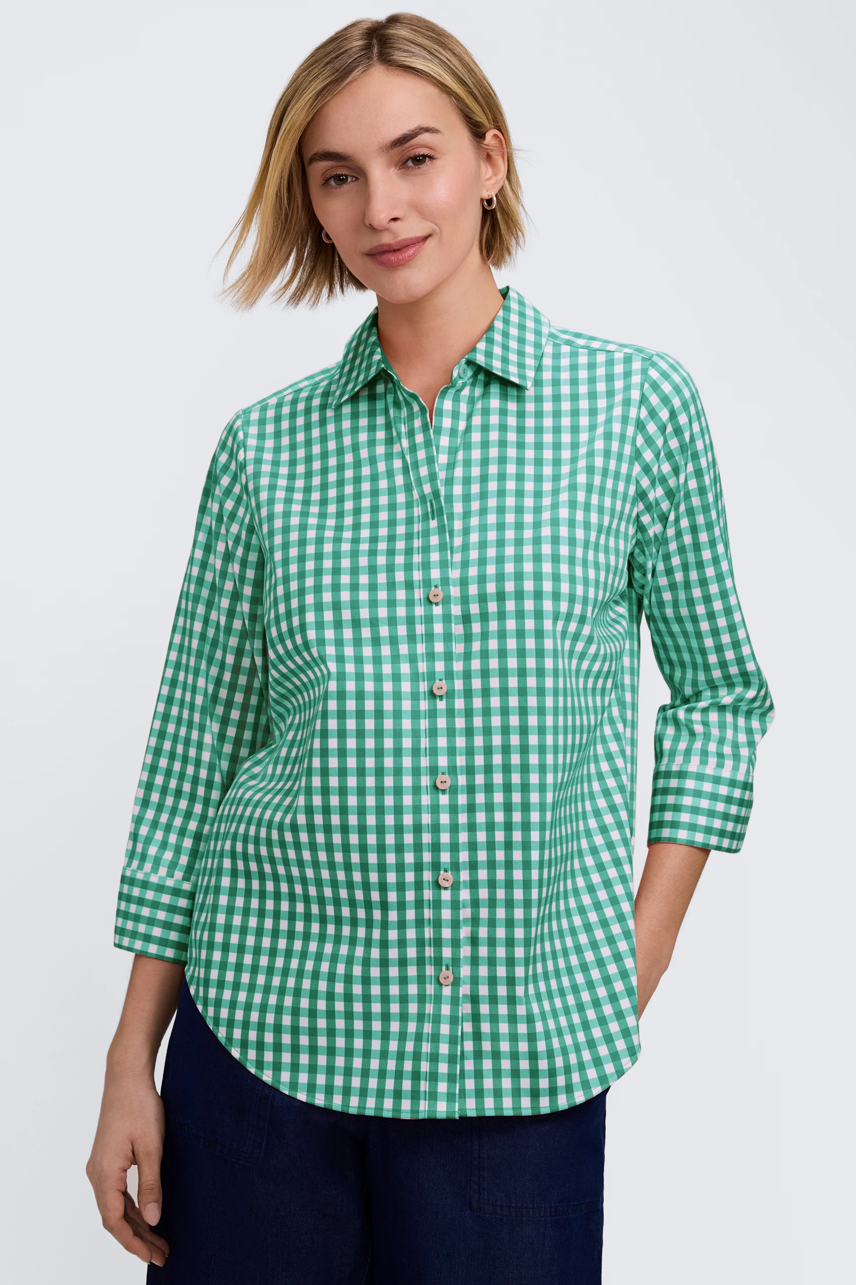 Margie Gingham Stretch Matte Sateen 3/4 Sleeve Shirt - Image 6