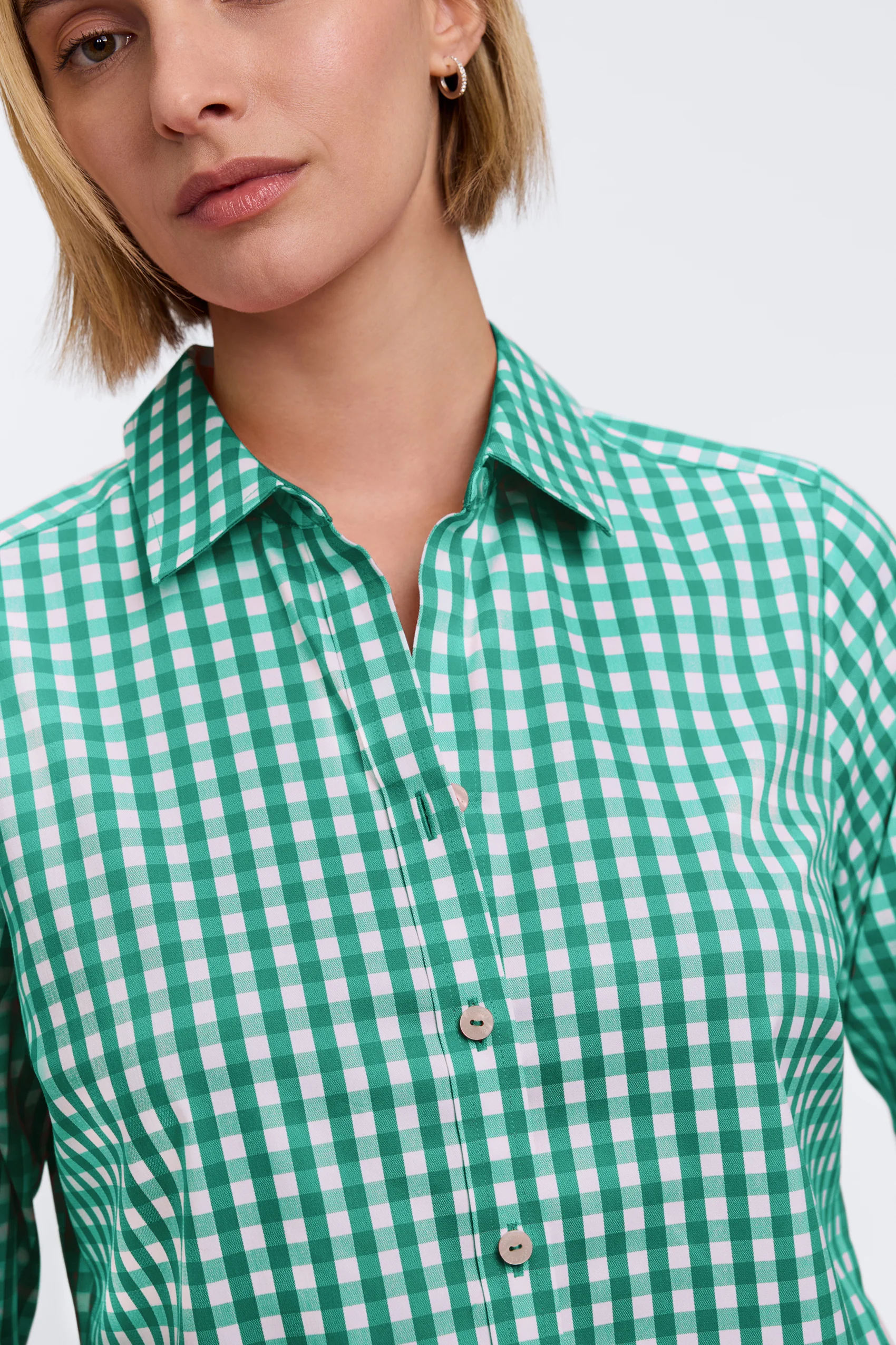 Margie Plus Gingham Stretch Matte Sateen 3/4 Sleeve Shirt - Image 3