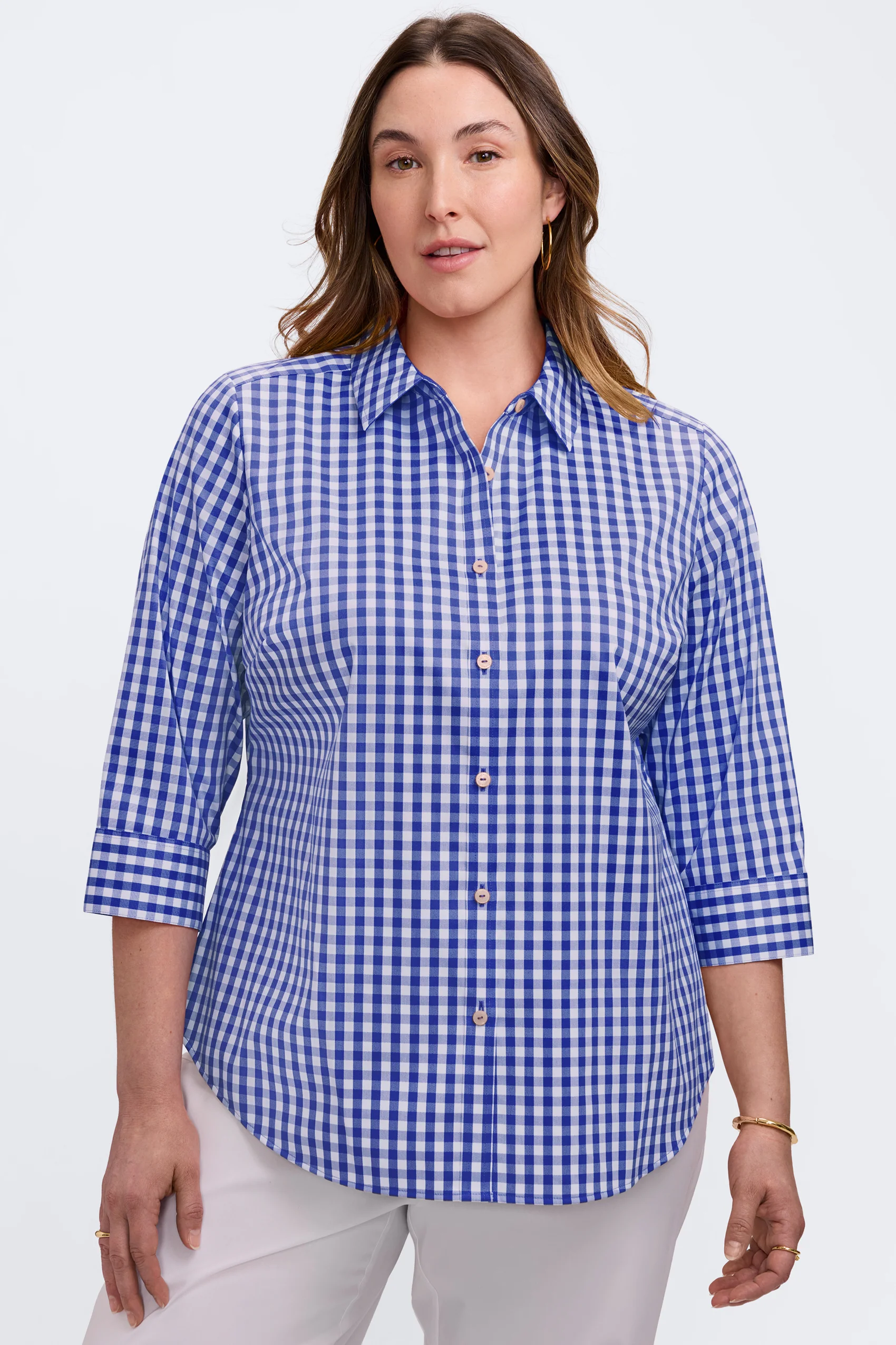 Margie Plus Gingham Stretch Matte Sateen 3/4 Sleeve Shirt - Image 5