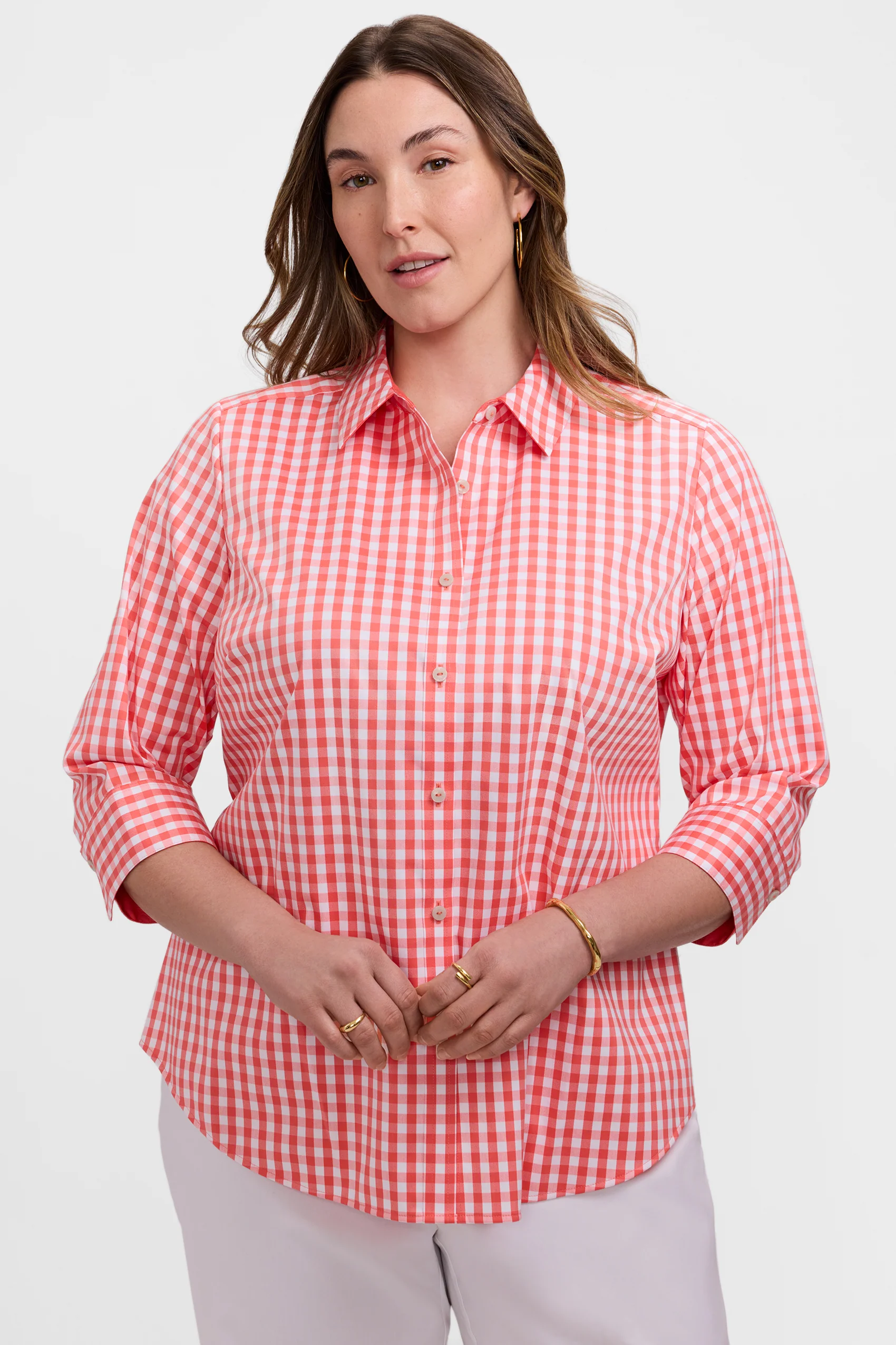 Margie Plus Gingham Stretch Matte Sateen 3/4 Sleeve Shirt - Image 8