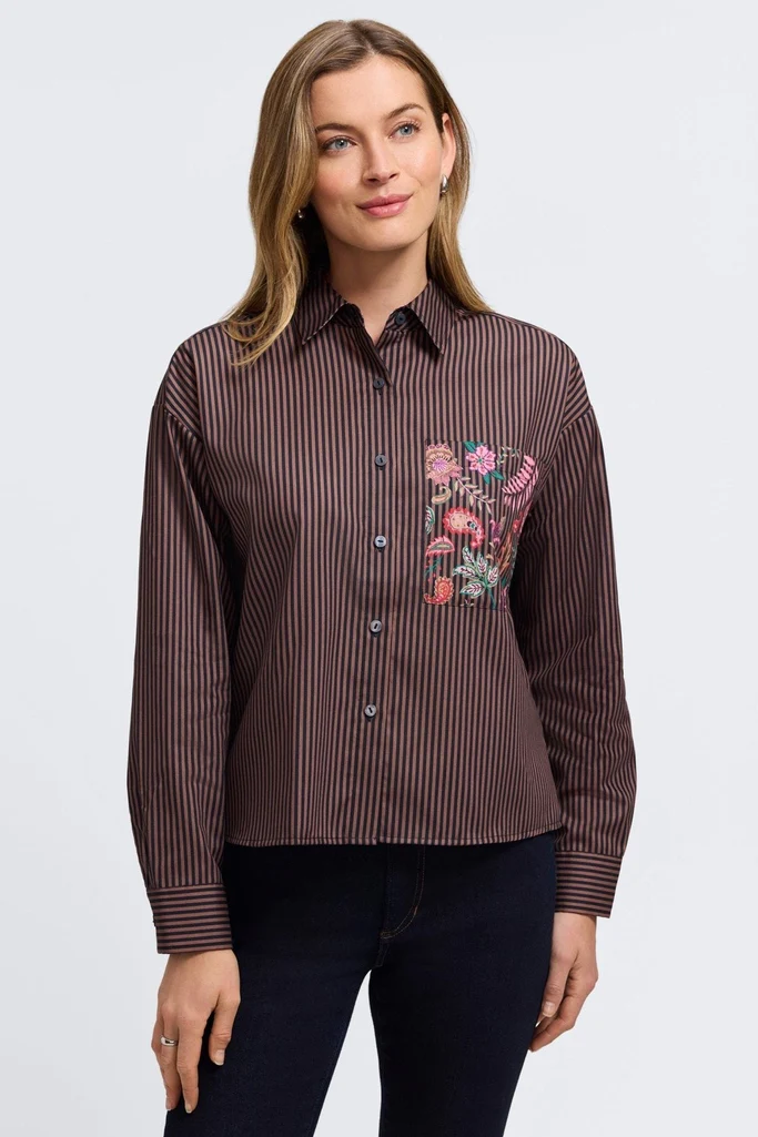 Marina Floral Stripe Long Sleeve Short Shirt - Image 5