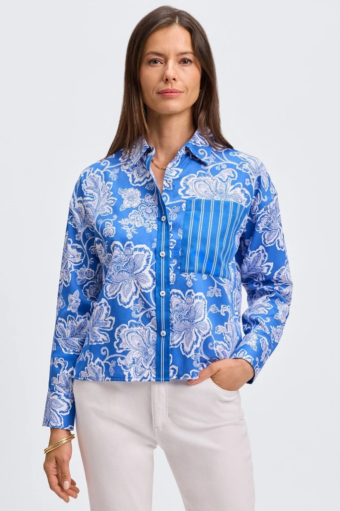 Marina Woodblock Floral Long Sleeve Short Shirt - Image 10