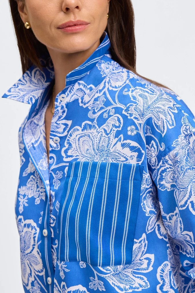 Marina Woodblock Floral Long Sleeve Short Shirt - Image 11