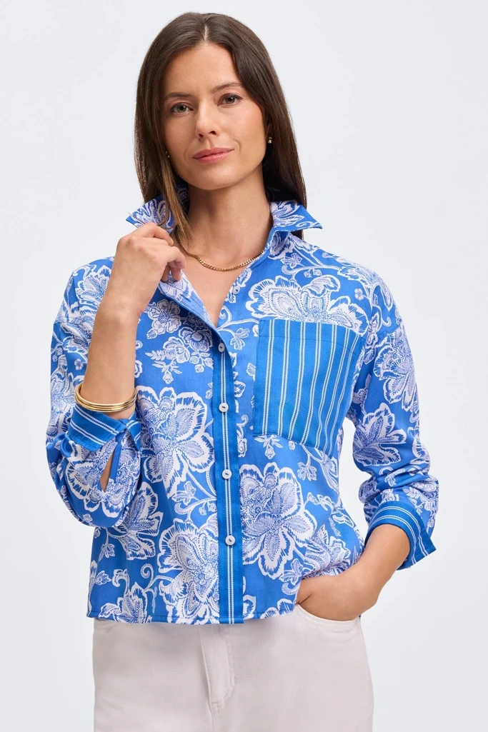 Marina Woodblock Floral Long Sleeve Short Shirt - Image 12