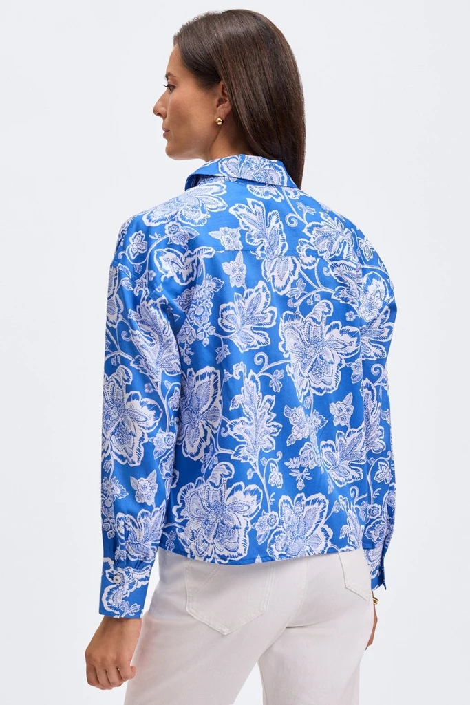 Marina Woodblock Floral Long Sleeve Short Shirt - Image 13