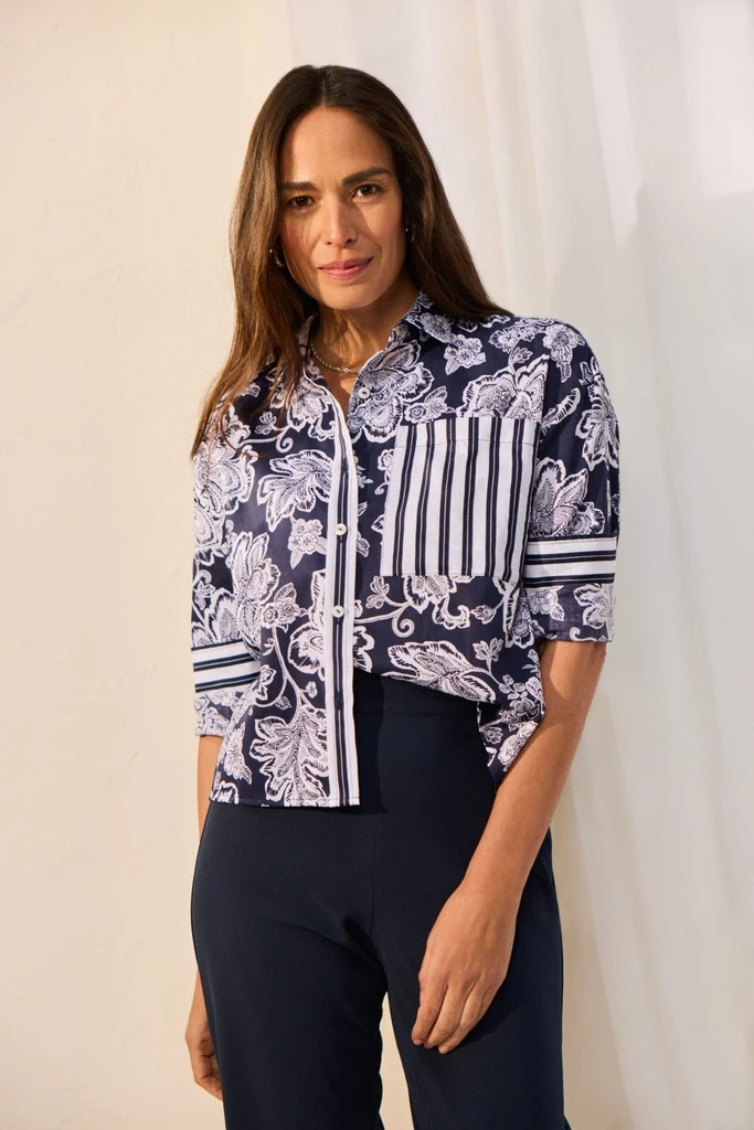 Marina Woodblock Floral Long Sleeve Short Shirt - Image 3