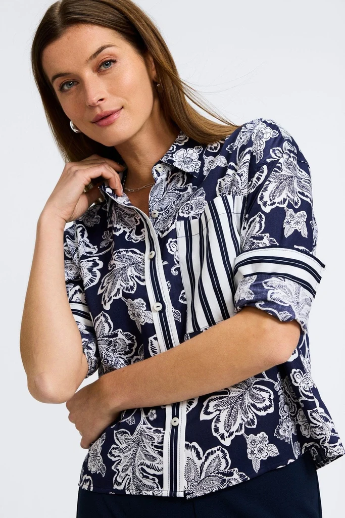 Marina Woodblock Floral Long Sleeve Short Shirt - Image 4