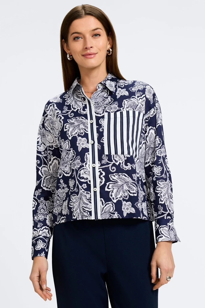 Marina Woodblock Floral Long Sleeve Short Shirt - Image 5