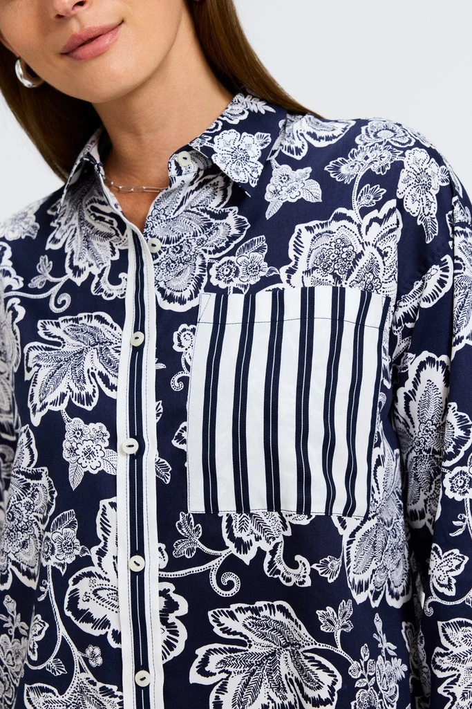 Marina Woodblock Floral Long Sleeve Short Shirt - Image 6