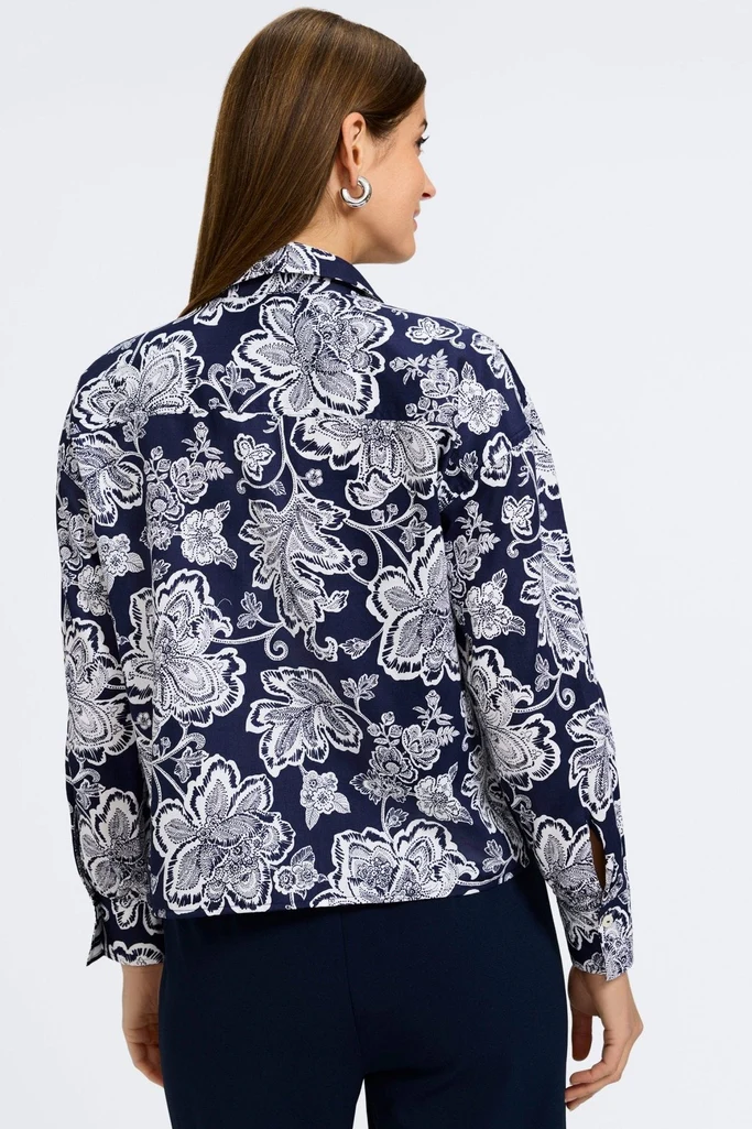 Marina Woodblock Floral Long Sleeve Short Shirt - Image 7