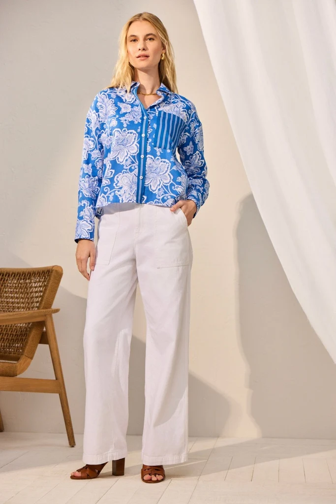 Marina Woodblock Floral Long Sleeve Short Shirt - Image 9