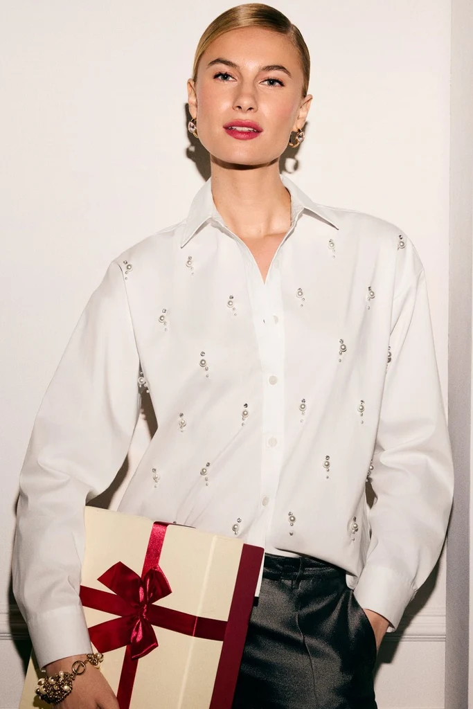 Marina Pearl & Rhinestone Appliqué Long Sleeve Short Shirt - Image 2