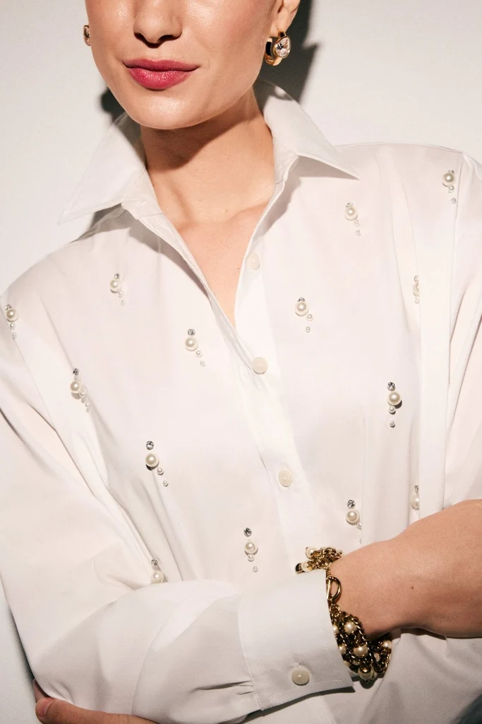 Marina Pearl & Rhinestone Appliqué Long Sleeve Short Shirt - Image 3