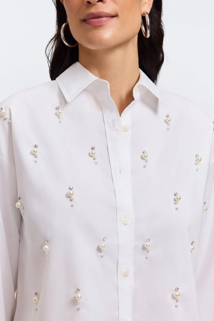 Marina Pearl & Rhinestone Appliqué Long Sleeve Short Shirt - Image 4