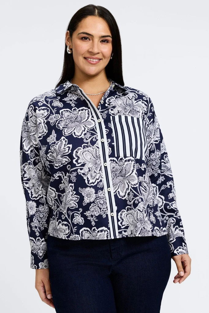 Marina Plus Woodblock Floral Long Sleeve Short Shirt - Image 5