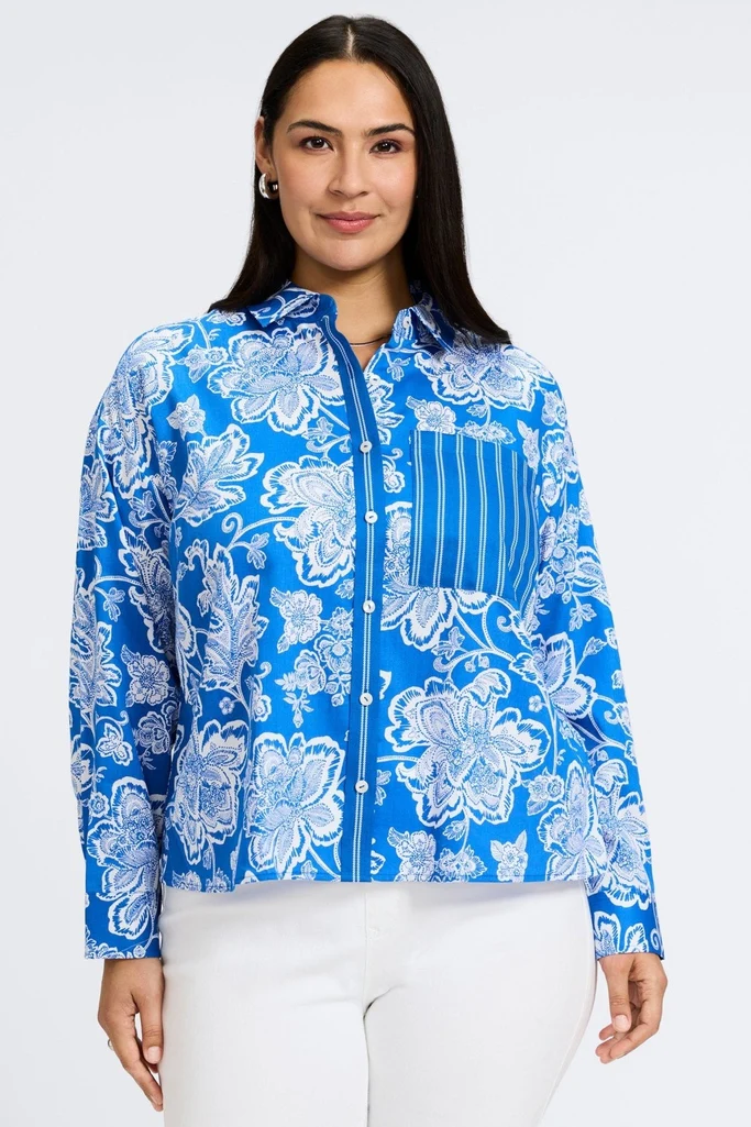 Marina Plus Woodblock Floral Long Sleeve Short Shirt - Image 6