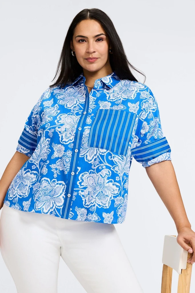 Marina Plus Woodblock Floral Long Sleeve Short Shirt - Image 8