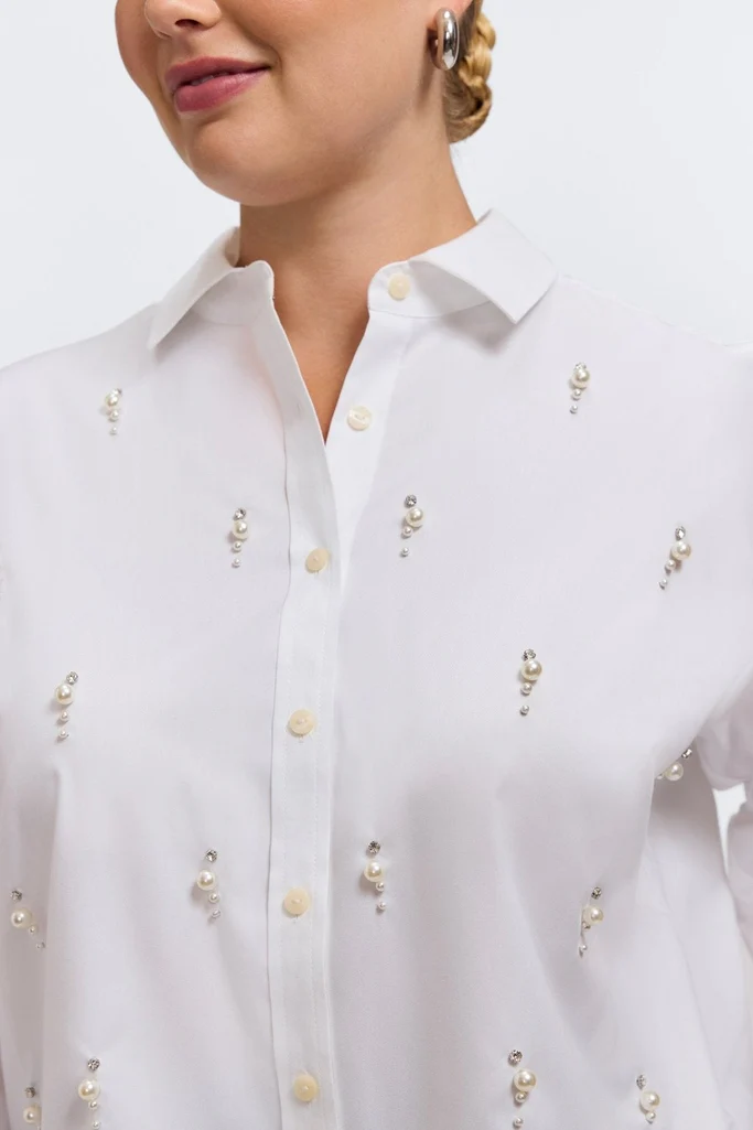 Marina Plus Pearl & Rhinestone Appliqué Long Sleeve Short Shirt - Image 2