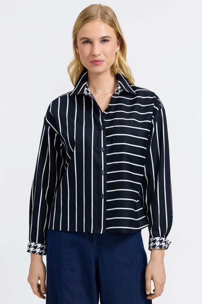 Marina Stripe & Houndstooth Long Sleeve Short Shirt - Image 11