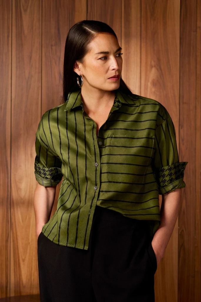 Marina Stripe & Houndstooth Long Sleeve Short Shirt - Image 5