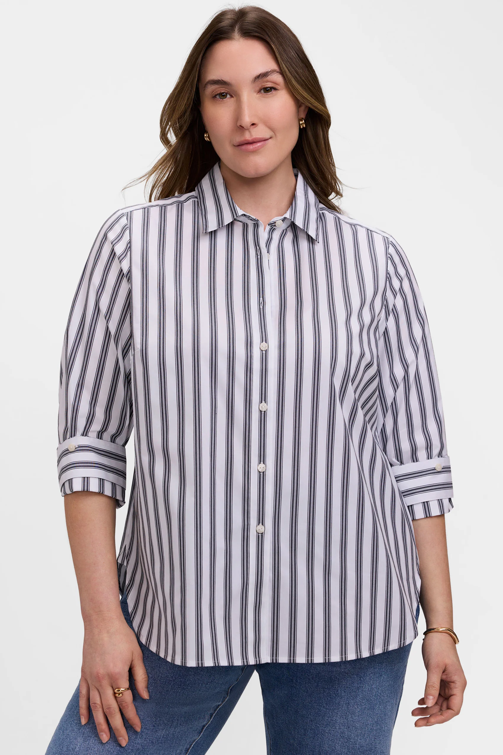 Meghan Plus Striped Roll Tab Sleeve Shirt