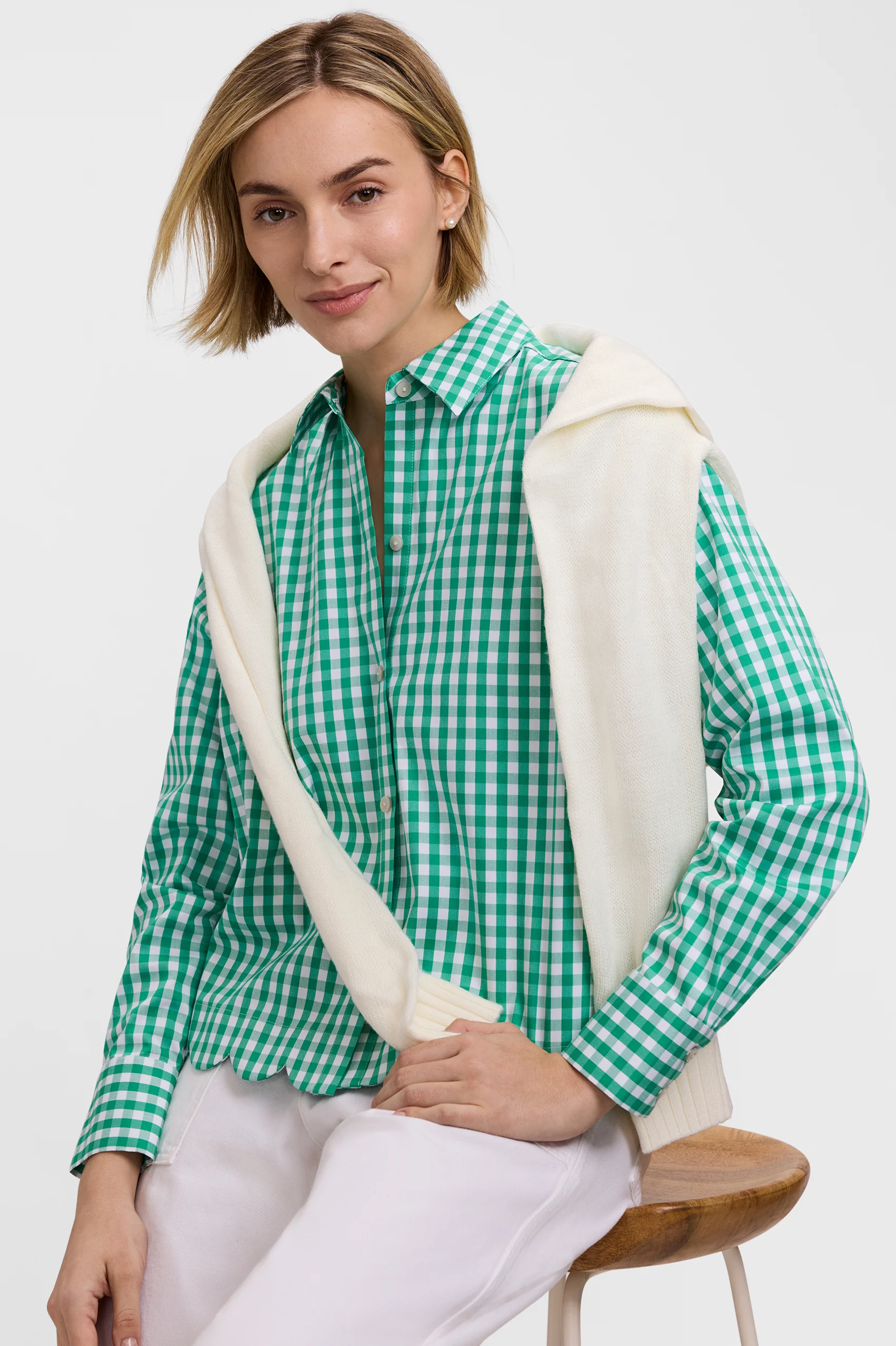 Scarlett Gingham Stretch Matte Sateen Long Sleeve Shirt - Image 9