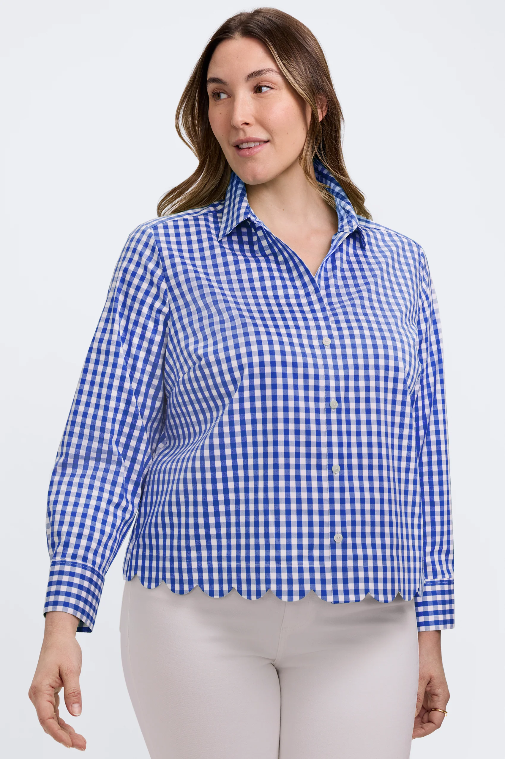 Scarlett Plus Gingham Stretch Matte Sateen Long Sleeve Shirt - Image 6