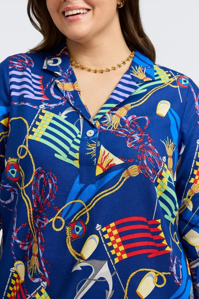 Sloane Plus Linen Nautical Flags 3/4 Sleeve Dress - Image 3