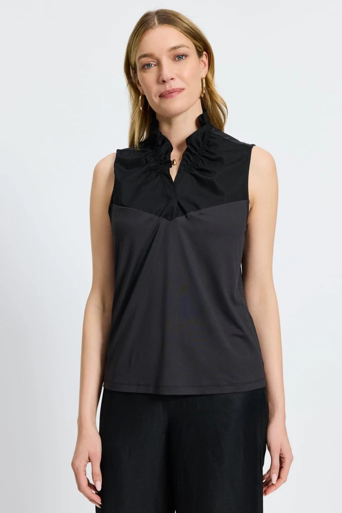 Tammy Knit-Woven Ruffle Collar Sleeveless Layering Tank - Image 9