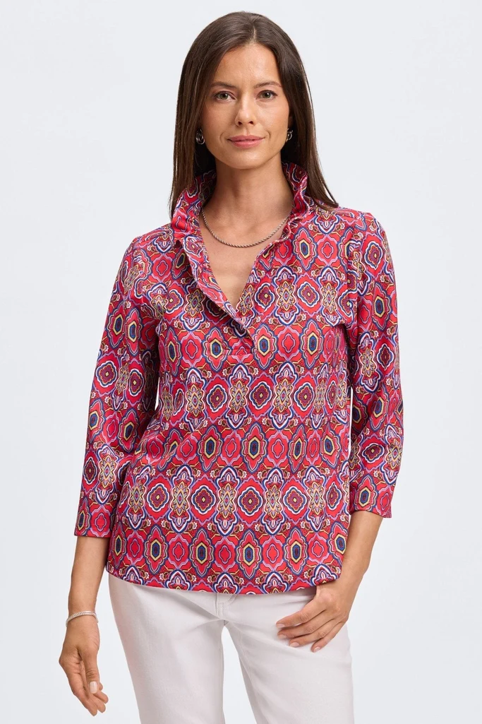Tammy Geometric Tile Knit Crepe 3/4 Sleeve Popover Shirt - Image 3