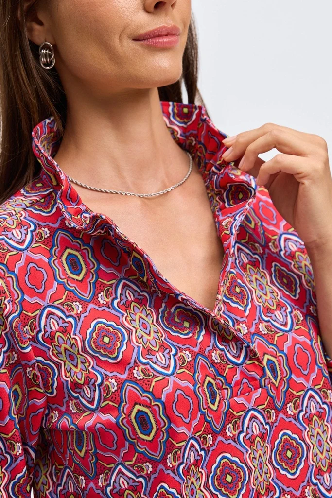 Tammy Geometric Tile Knit Crepe 3/4 Sleeve Popover Shirt - Image 4